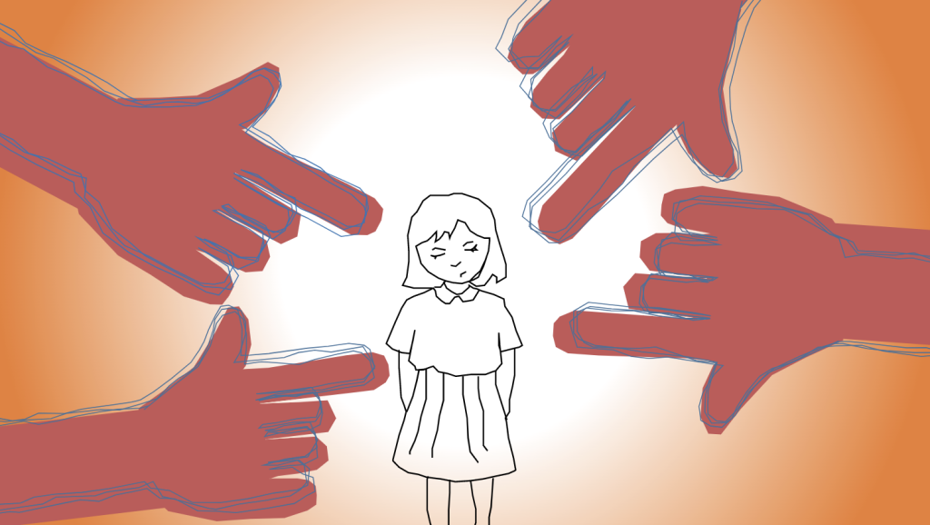 a woman with fingers pointing at her